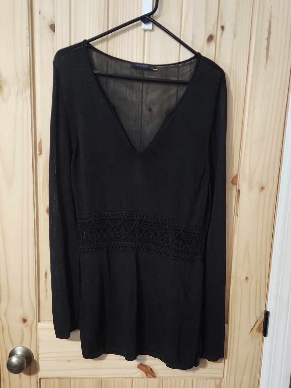 Black V-Neck Long Sleeve Top with Crochet Waist - The Limited - XL(estimated)